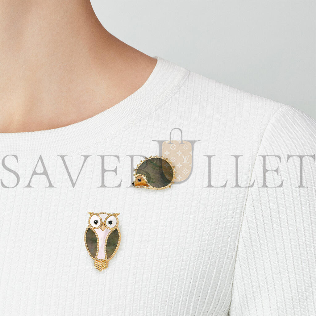 V*n Cl**f arpels lucky animals owl clip - yellow gold, mother-of-pearl, onyx vcarp2av00